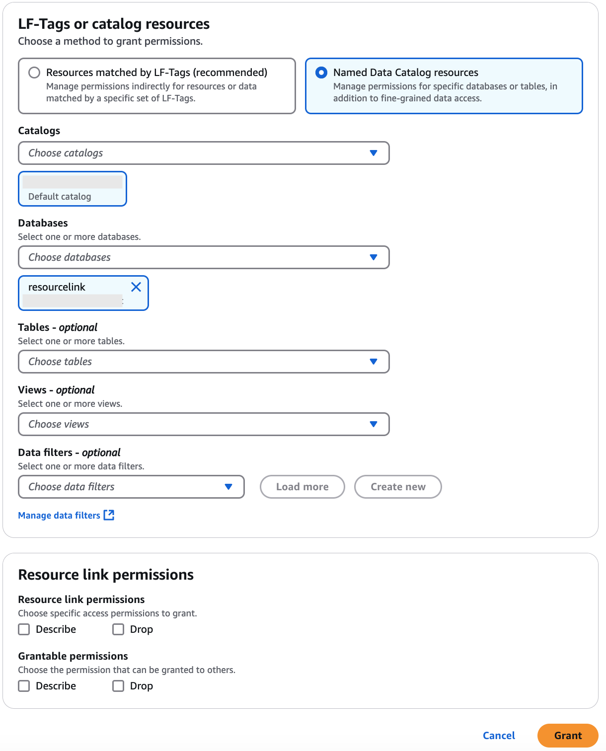 The Permissions section contains a single tile. The tiles has a group of check boxes for resource link permissions to grant. Check boxes include Drop and Describe. Below that group is another group of the same check boxes for grantable permissions.
