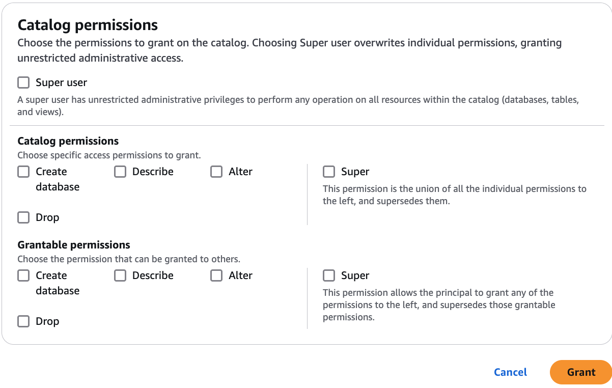 The Permissions section the catalog permissions tile. Below the tiles is a group of check boxes for catalog permissions to grant. Check boxes include Super user, Create catalog, Create database, Alter, Drop, Describe, and Super. Below that group is another group of the same check boxes for grantable permissions.