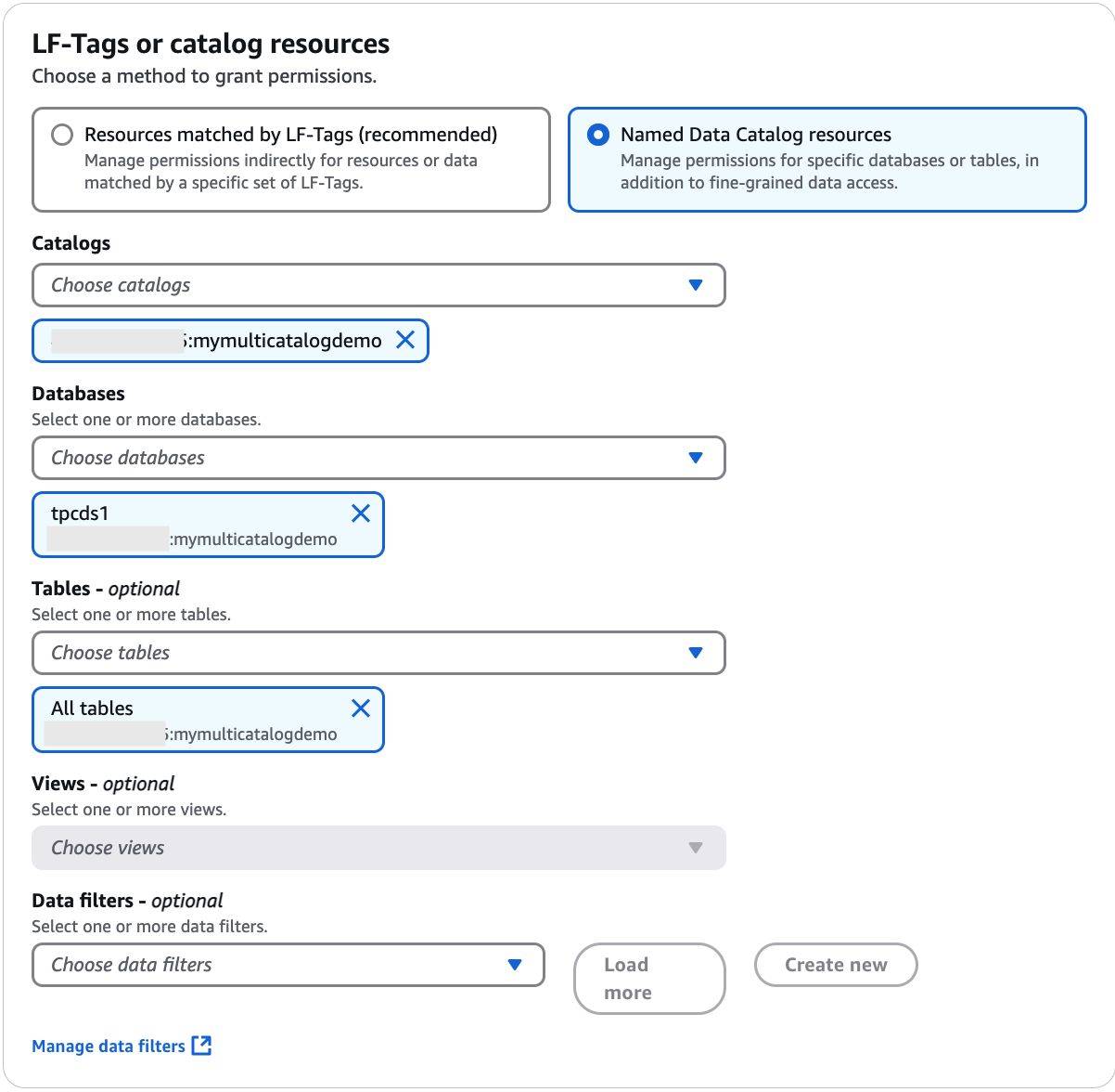 The LF-Tags or catalog resources section contains two tiles arranged horizontally, where each tile contains an option button and descriptive text. The options are Resources matched by LF-Tags, and Named data catalog resources. Below the tiles are two dropdown lists: Database and Table. The Database dropdown list has a tile beneath it containing the selected database name.