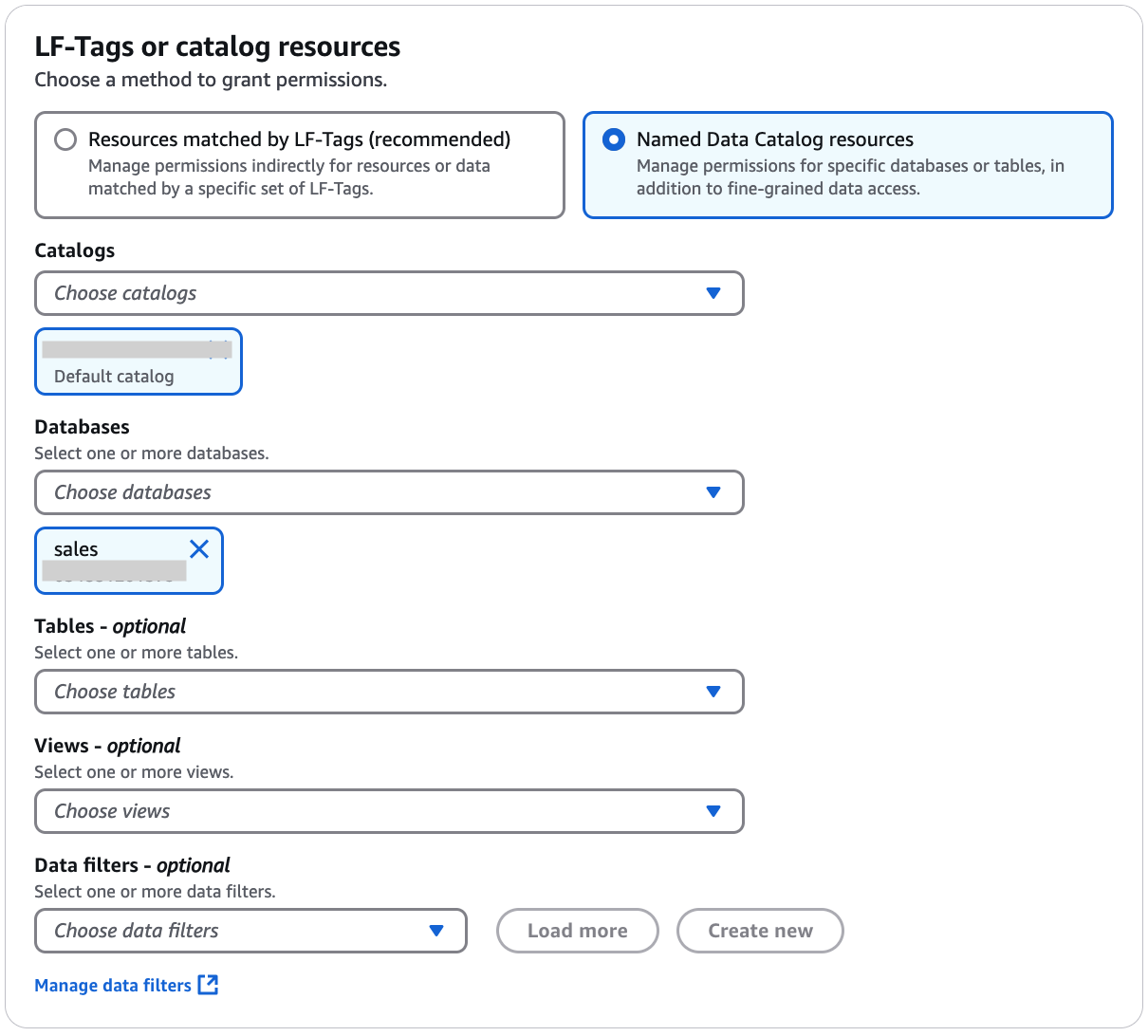 The LF-Tags or catalog resources section contains two tiles arranged horizontally, where each tile contains an option button and descriptive text. The options are Resources matched by LF-Tags, and Named data catalog resources. Below the tiles are two dropdown lists: Database and Table. The Database dropdown list has a tile beneath it containing the selected database name.