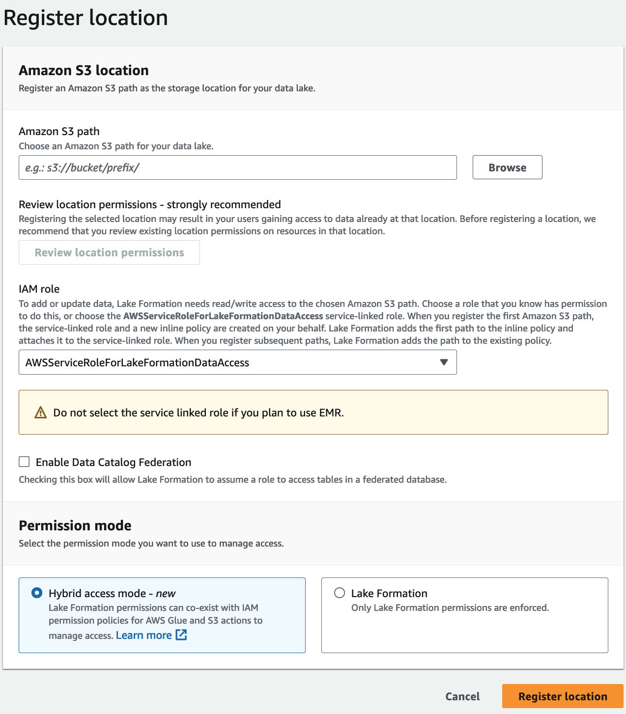 Register location page with fields for S3 path, IAM role, and permission mode options.