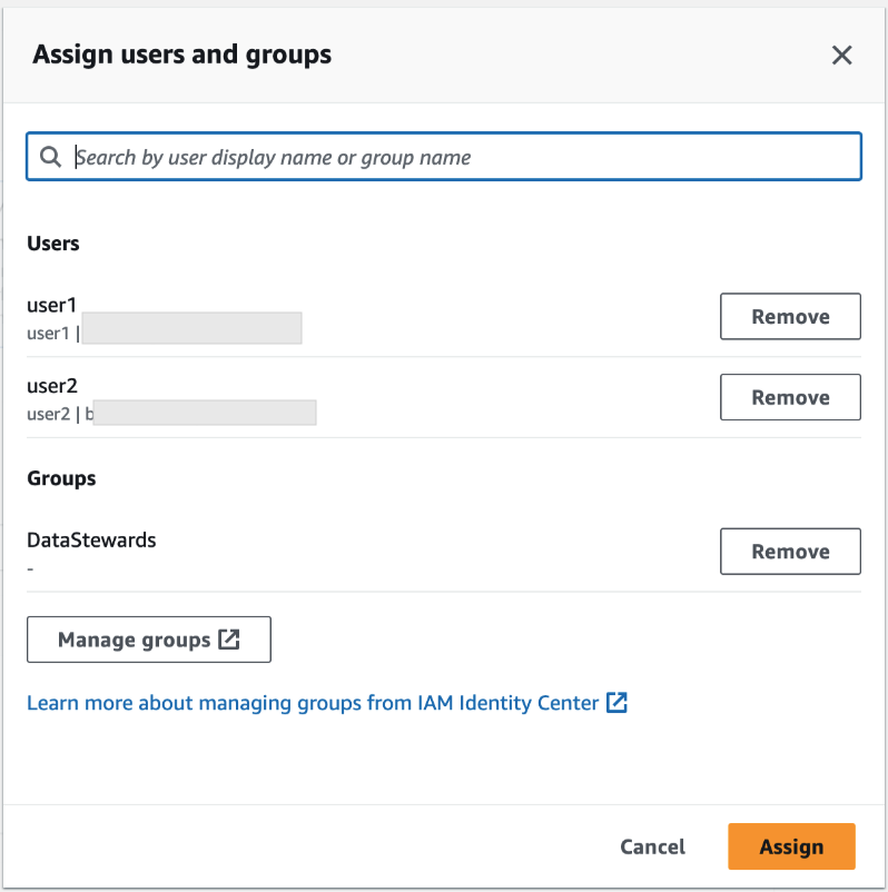 Grant data lake permissions screen with IAM Identity Center users and groups selected.