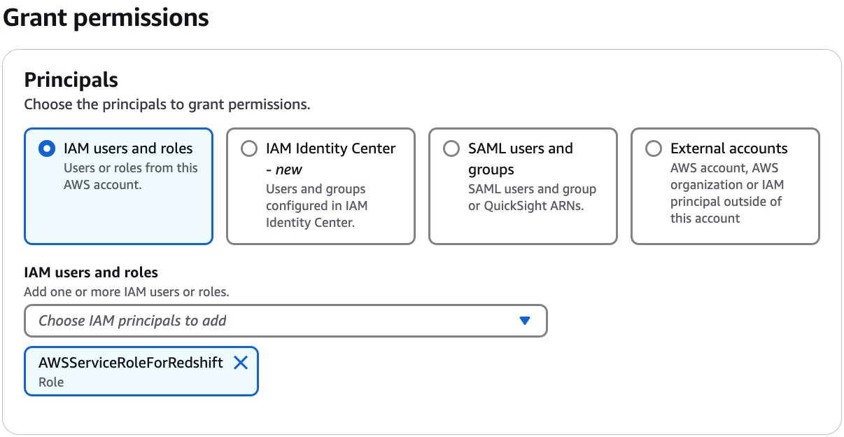 The Principals section contains four tiles that are named in the following text. Each tile contains a option button and text. The IAM Identity Center tile is selected, and users and groups dropdown list is below the tiles.
