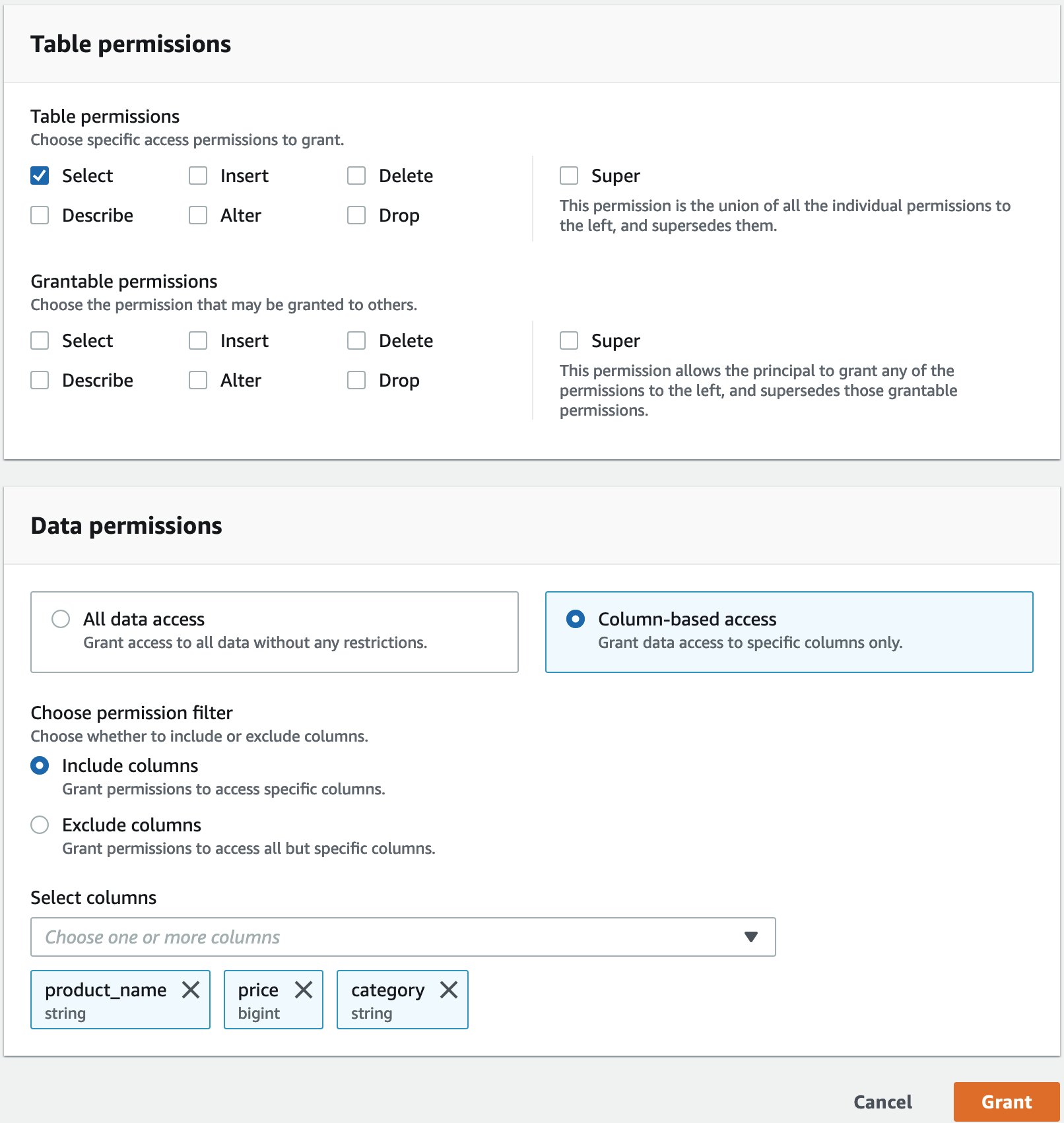 The image is a screenshot of the Lake Formation permissions page in the console.