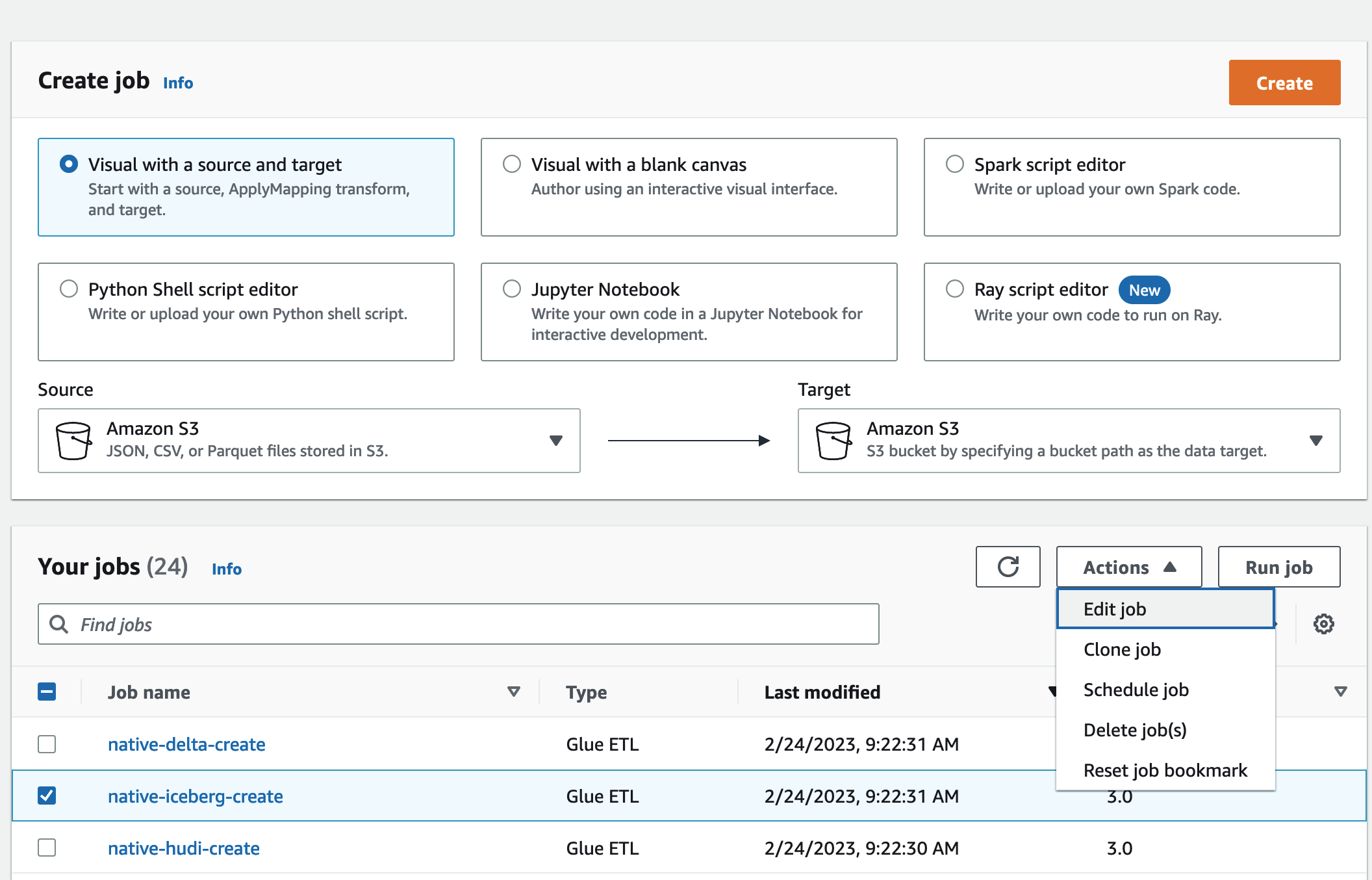 The image is a screenshot of the AWS Glue job page in the console.