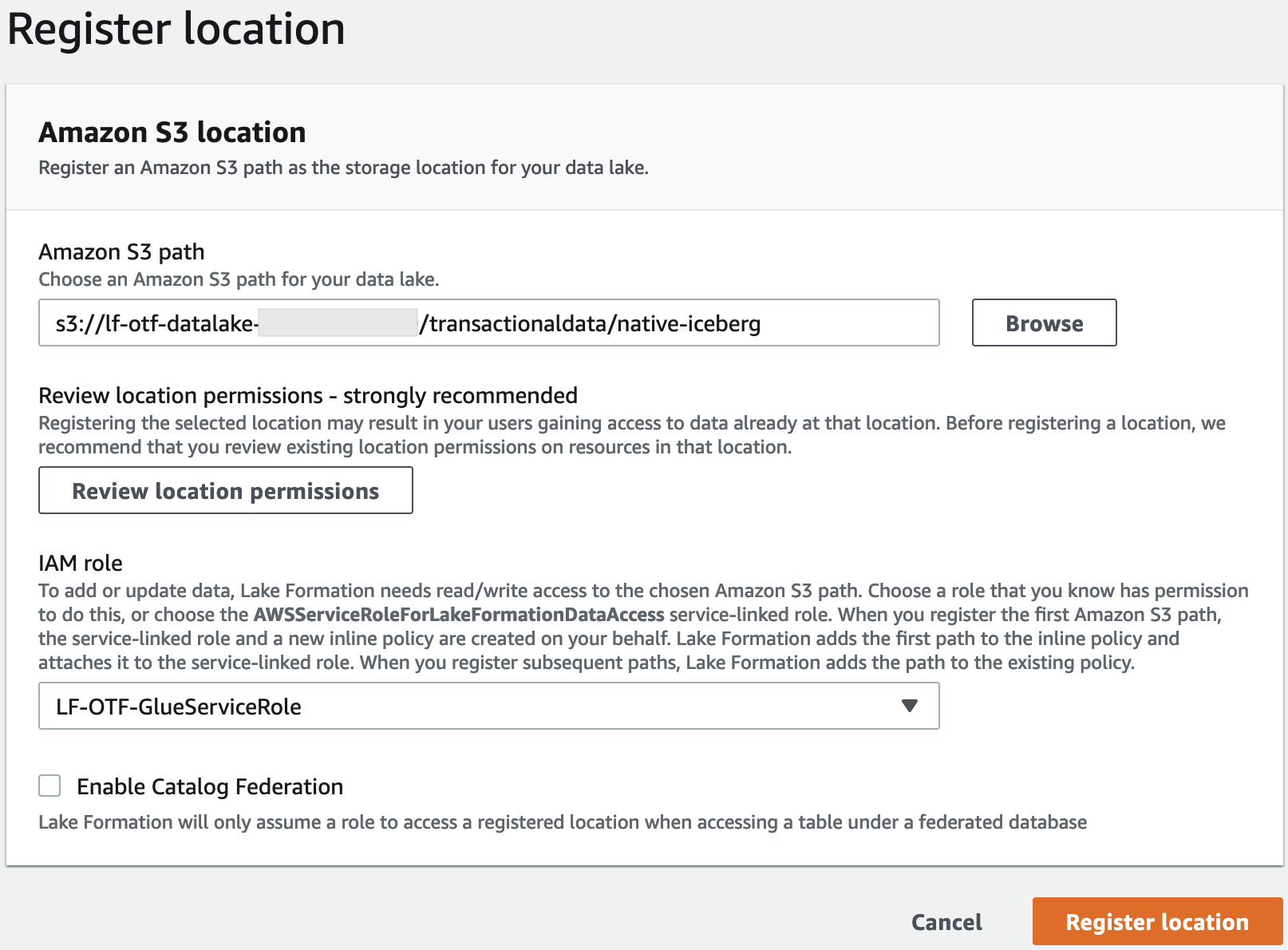 The image is a screenshot of the Lake Formation Register location page in the console.