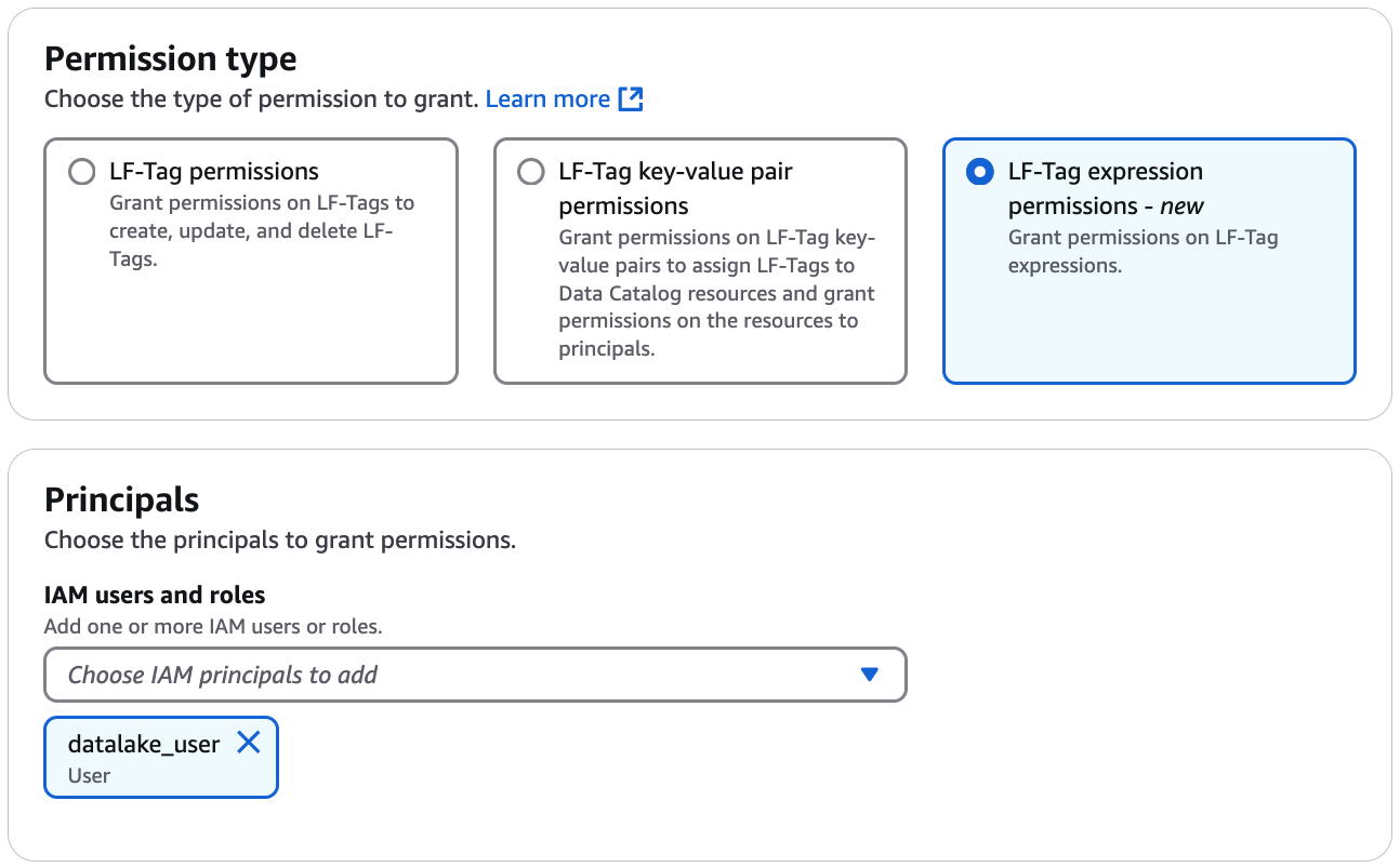 LF-Tag expression permissions option selected with datalake_user added as principal.