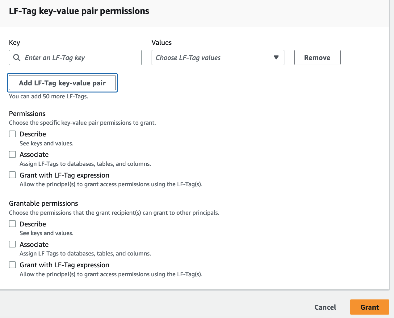 LF-Tag key-value pair permissions interface with key and values input fields and permissions checkboxes.