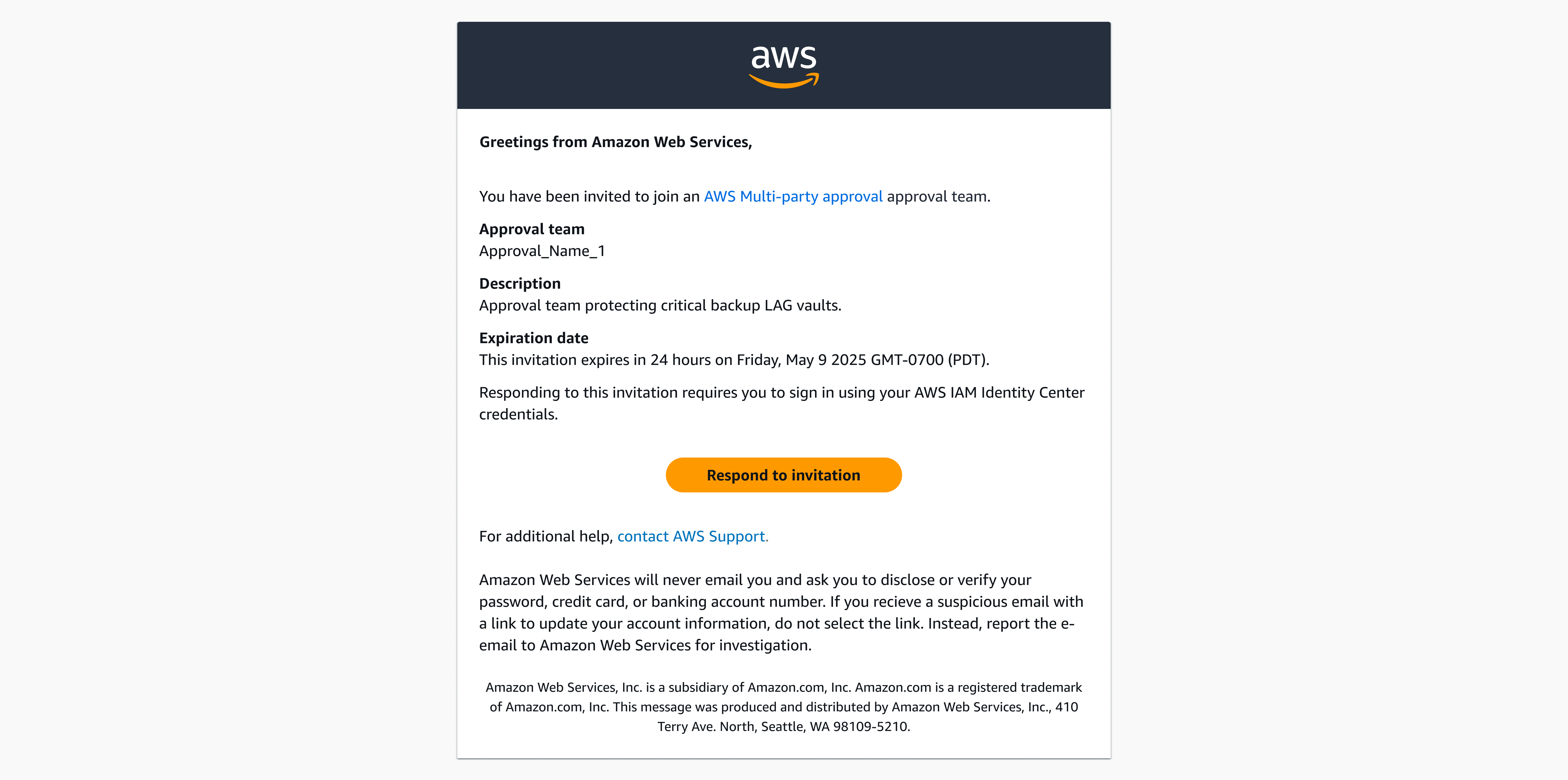 Email invitation to join AWS Multi-party approval team with expiration date and response button.