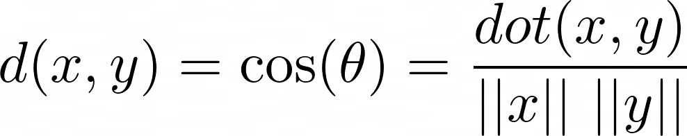 Cosine Similarity: Measures the cosine of the angle between two vectors (higher value means more similar).
