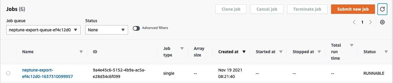 Screenshot of the AWS Batch console when checking for status