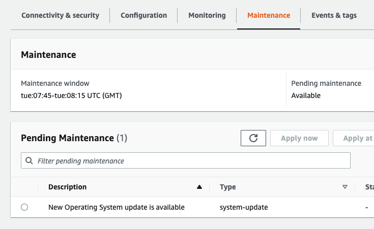 An image showing the AWS Management Console Maintenance section, and an available OS update.