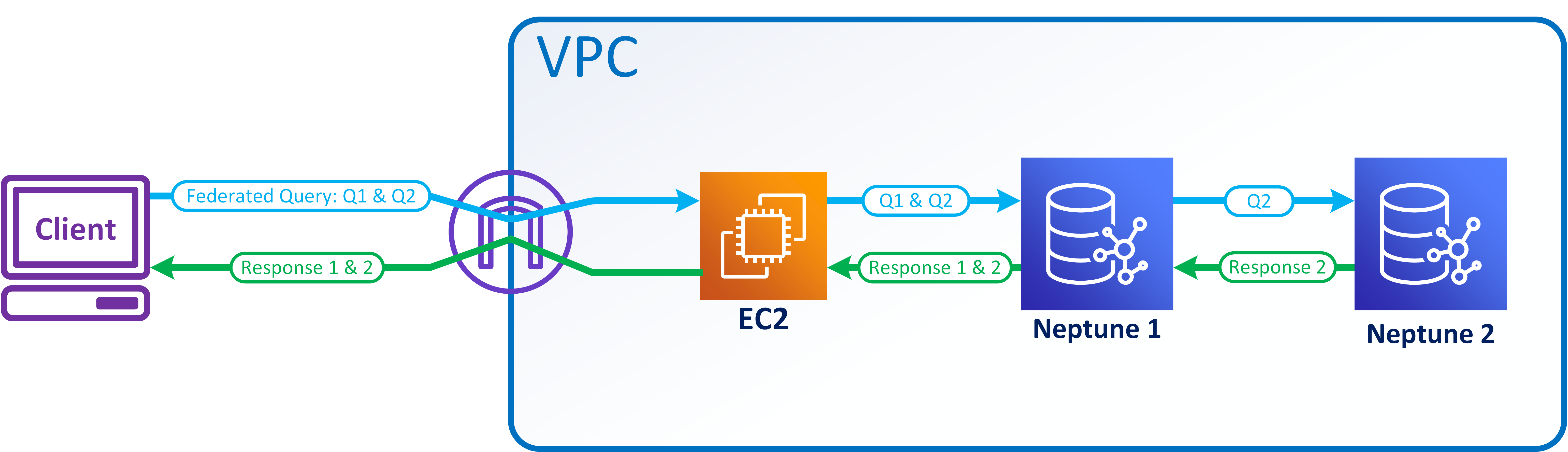 Flow diagram showing SPARQL federated query patterns being evaluated and responses sent back to client.