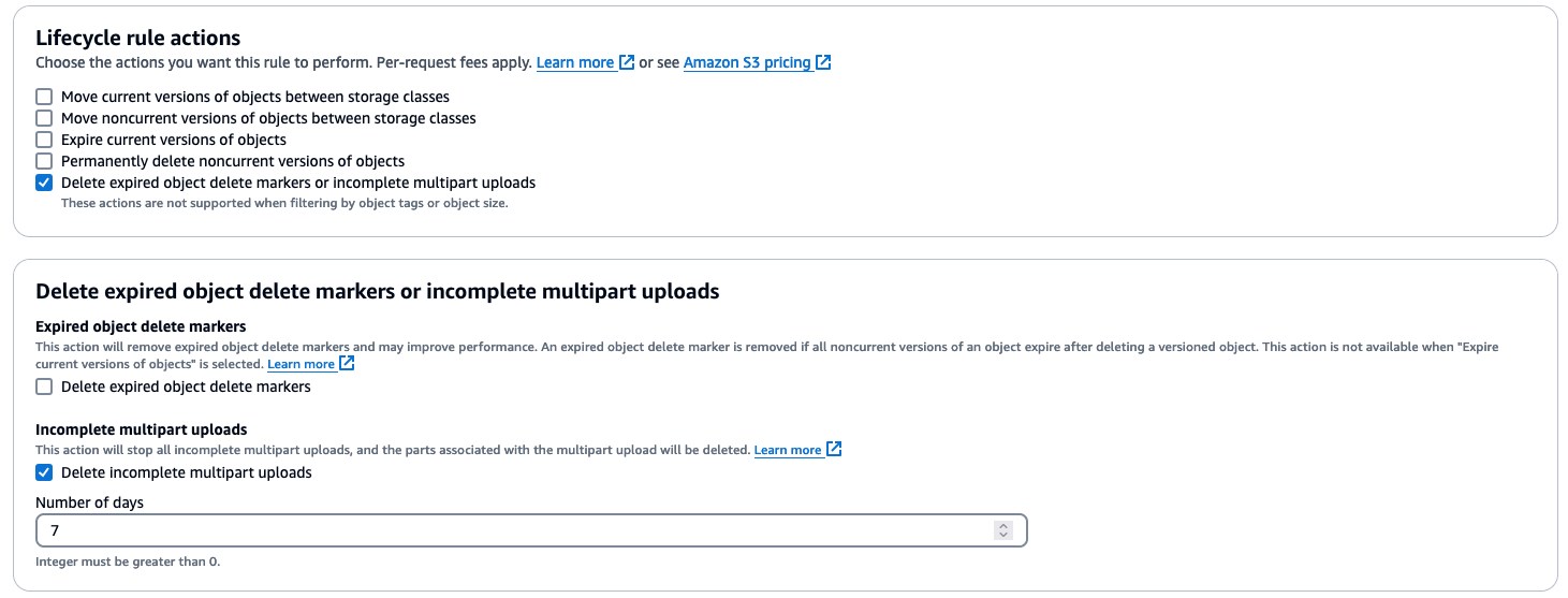 An image showing the lifecycle rule actions, and the delete expired object delete markers.