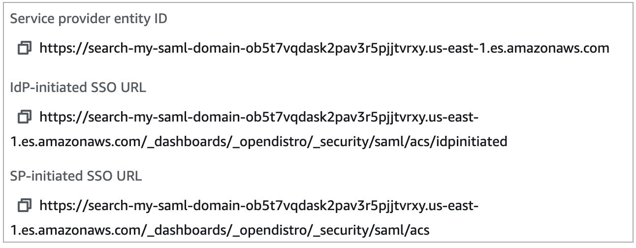 Service provider entity ID, IdP-initiated SSO URL, and SP-initiated SSO URL fields with values.