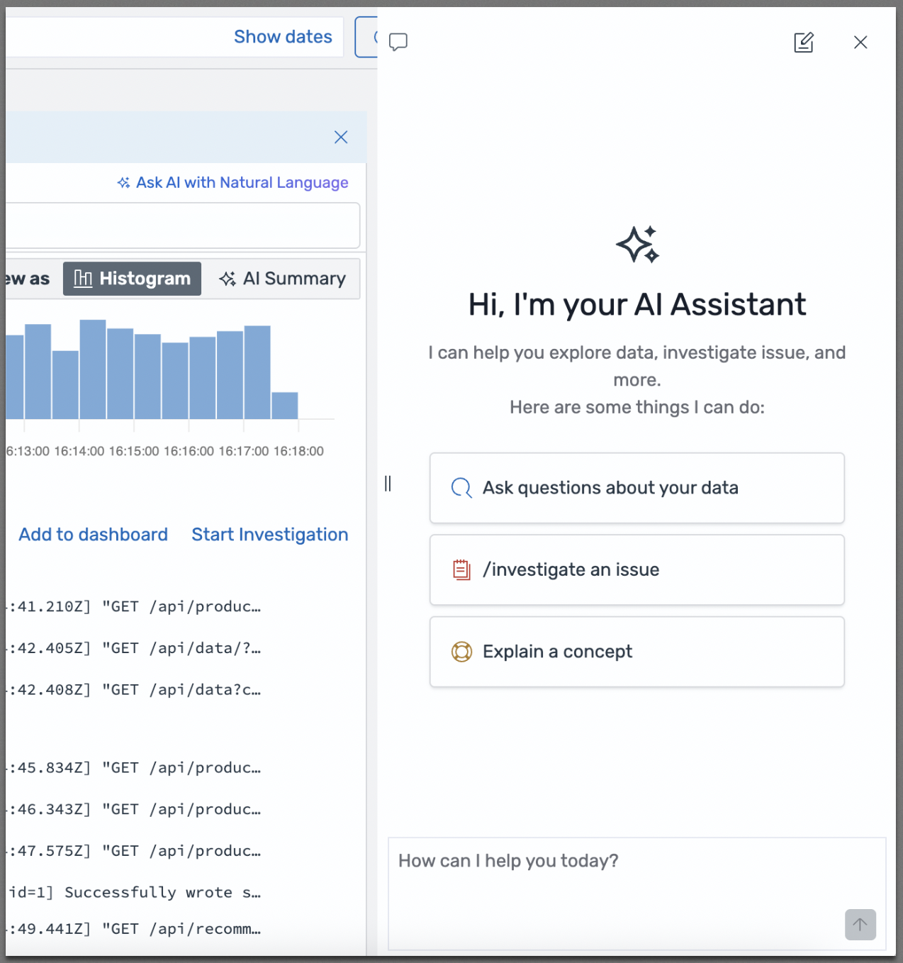 The Agentic Chat panel showing the AI Assistant welcome message with options to ask questions about your data, investigate an issue, or explain a concept.