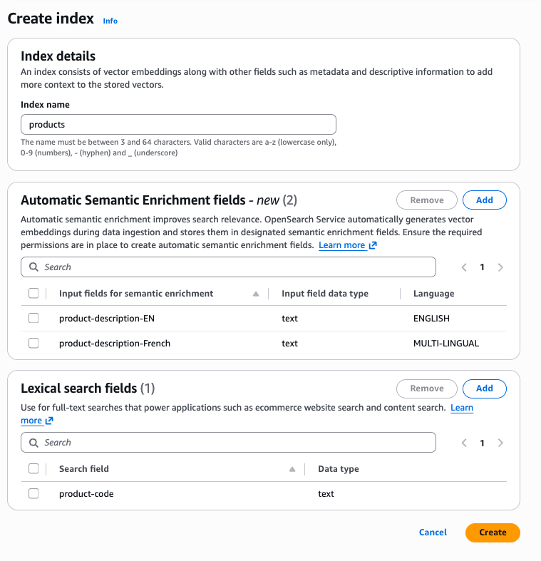 Create index page showing index name field, semantic enrichment fields, and lexical search fields.