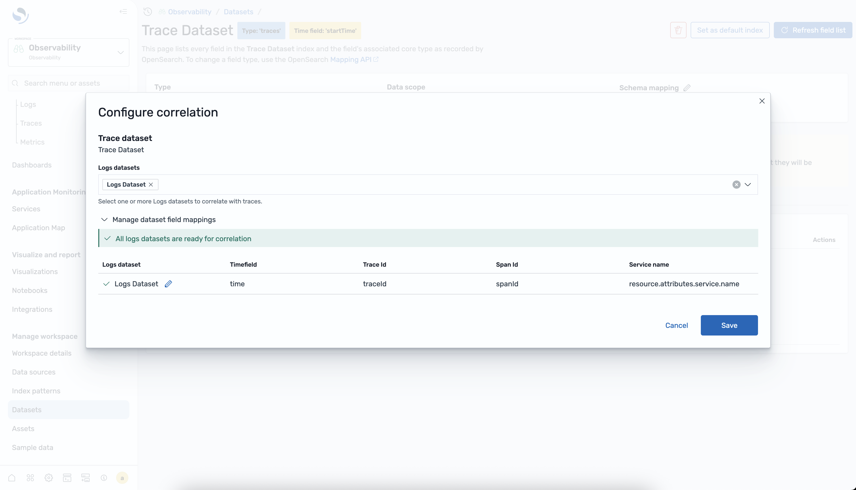 Configure correlation dialog showing Logs Dataset mapped to trace fields including time, traceId, spanId, and service name.