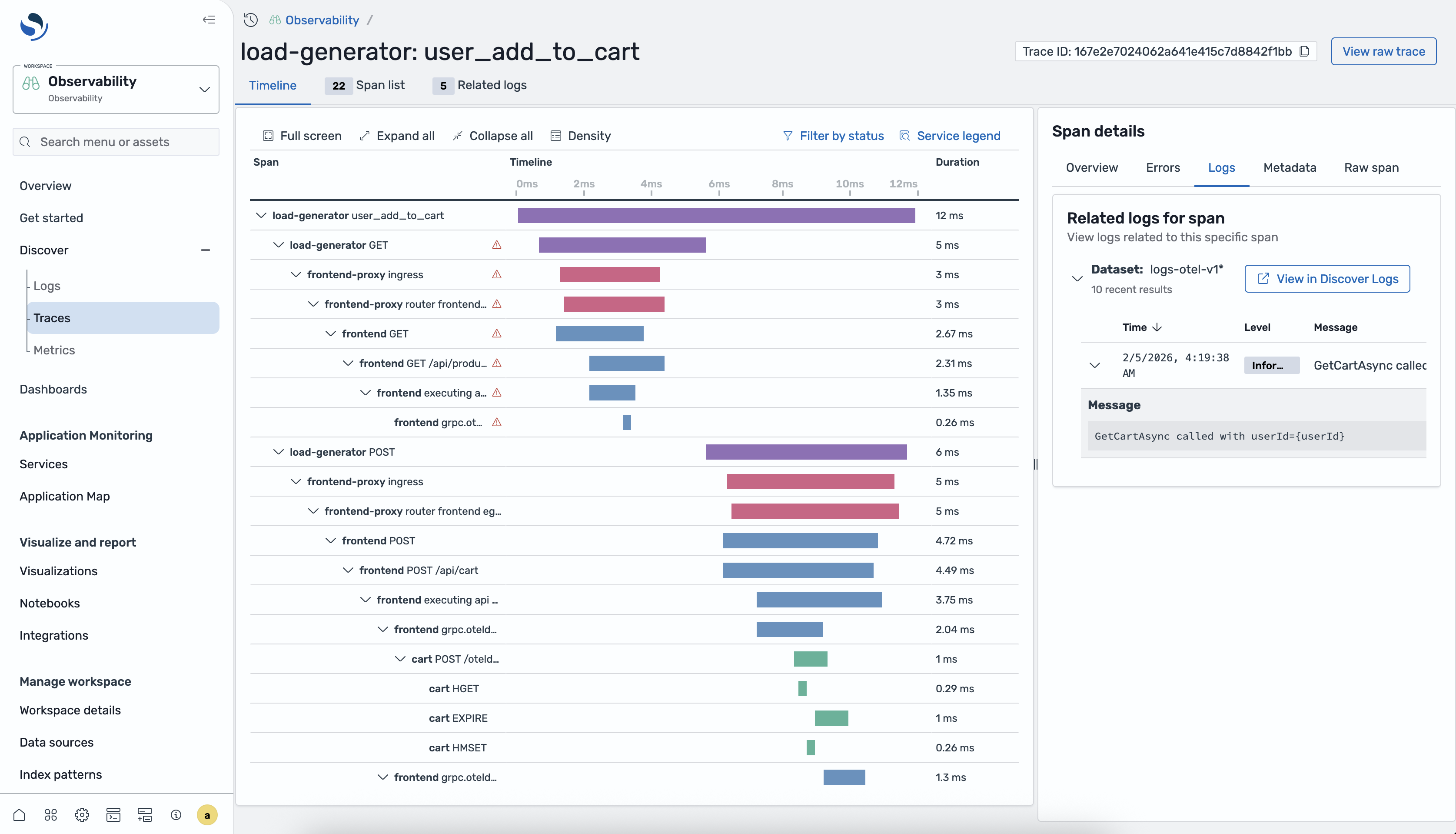 Span details view showing Related logs tab with a log entry for GetCartAsync operation.
