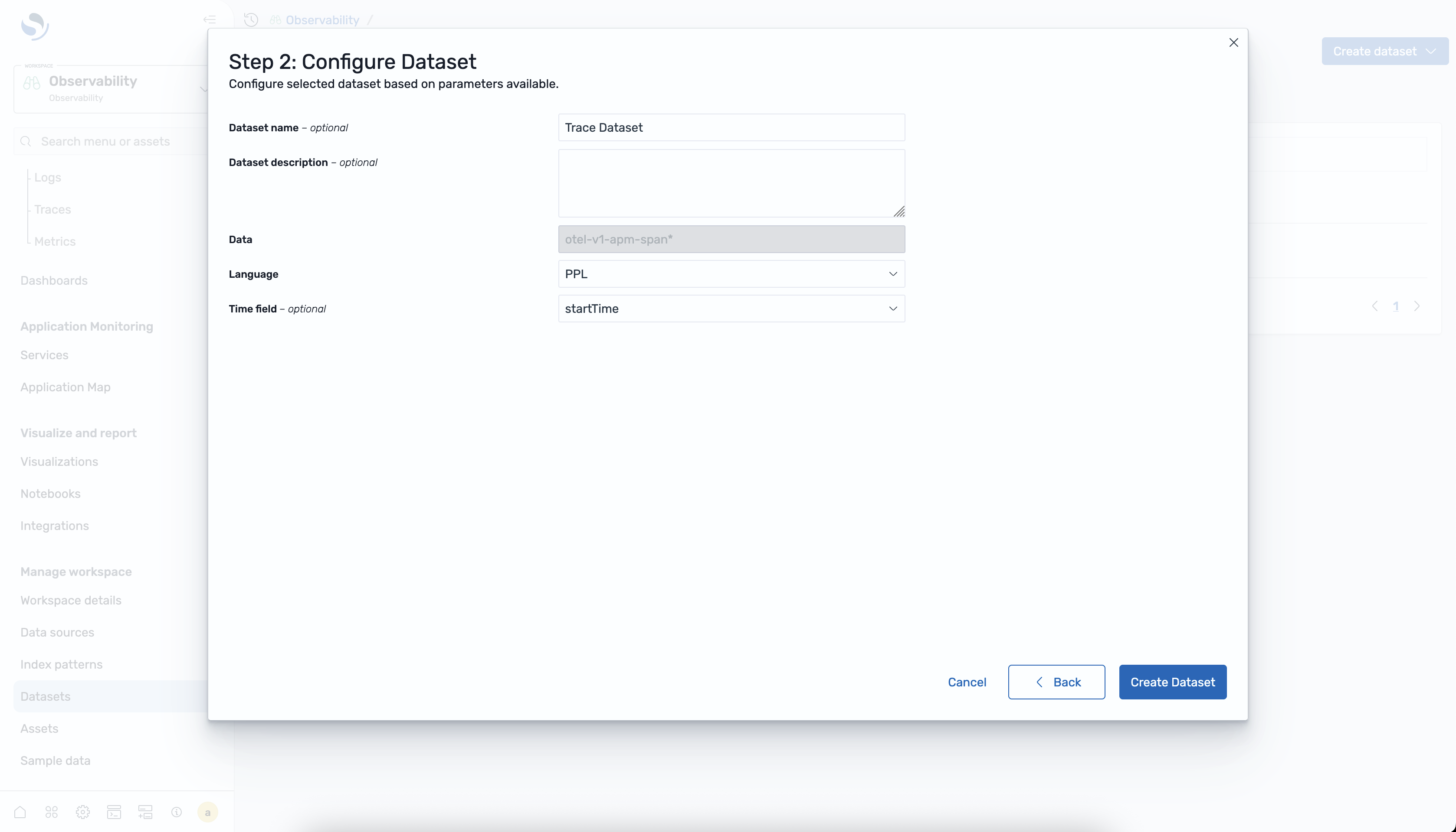 Configure Dataset dialog with fields for dataset name, description, data source, language, and time field.