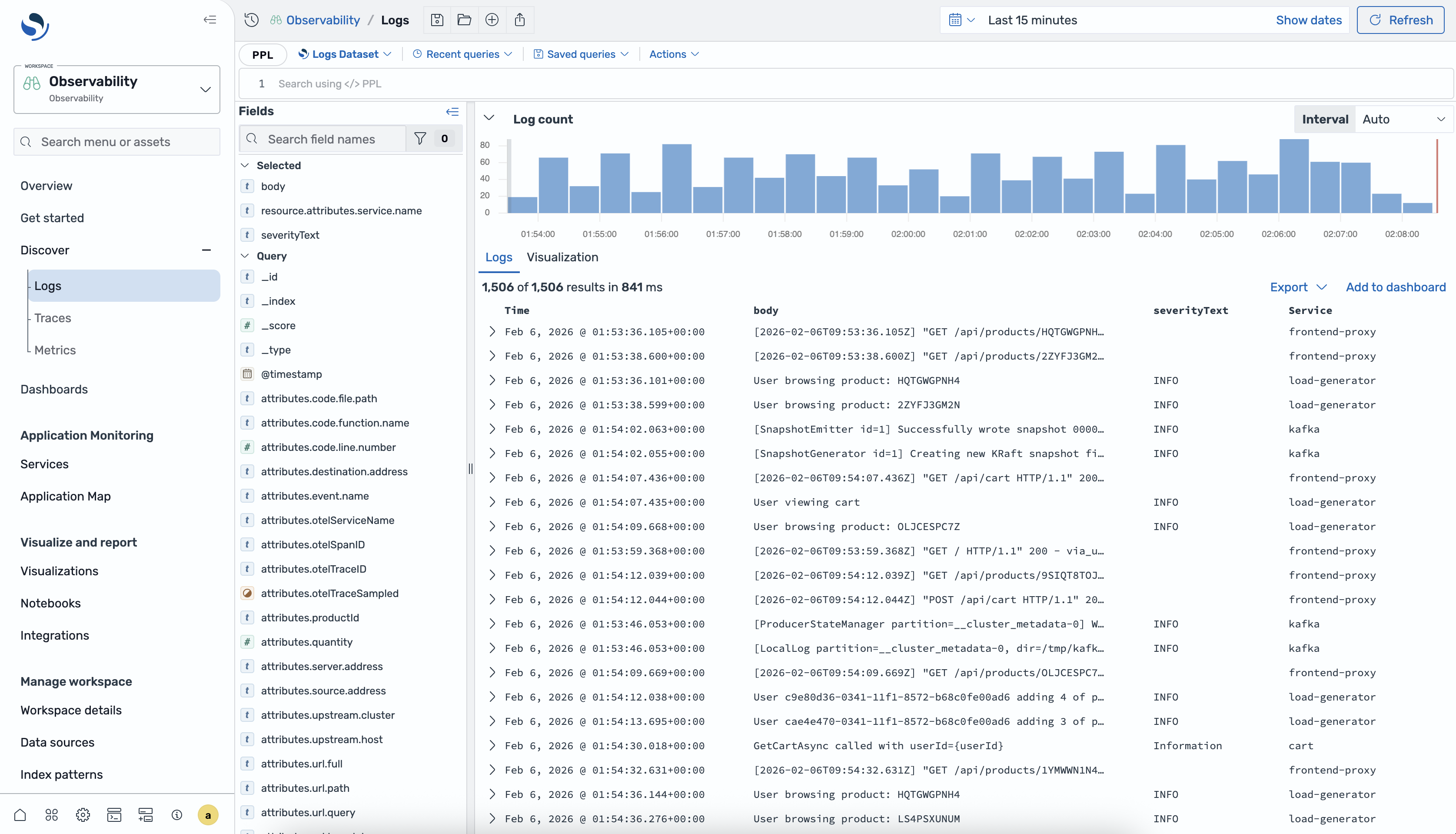 Logs interface showing bar chart of log counts, field list, and table with timestamp, body, severity, and service columns.