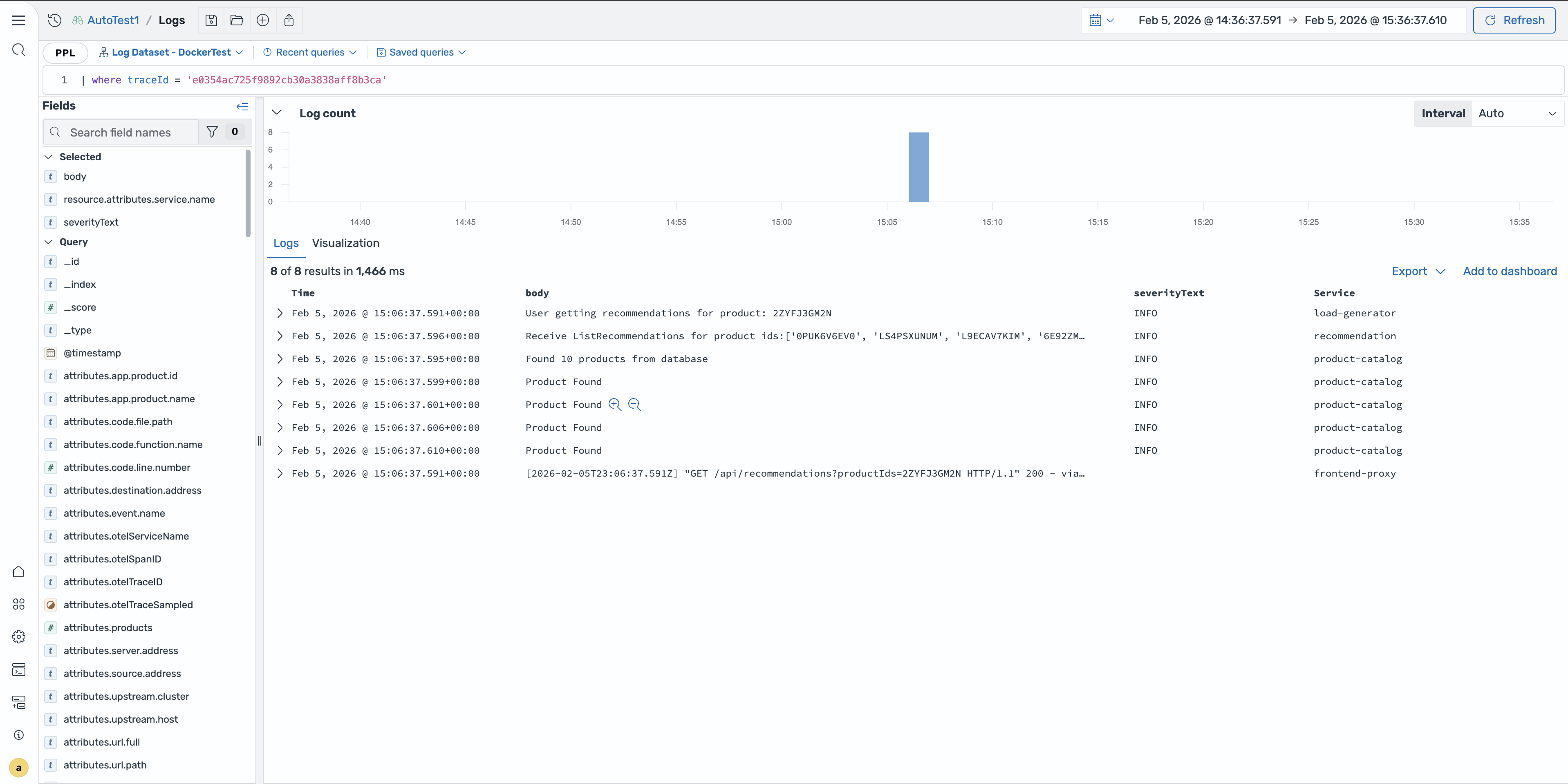 Logs page showing 8 query results filtered by trace ID with log entries from various services.