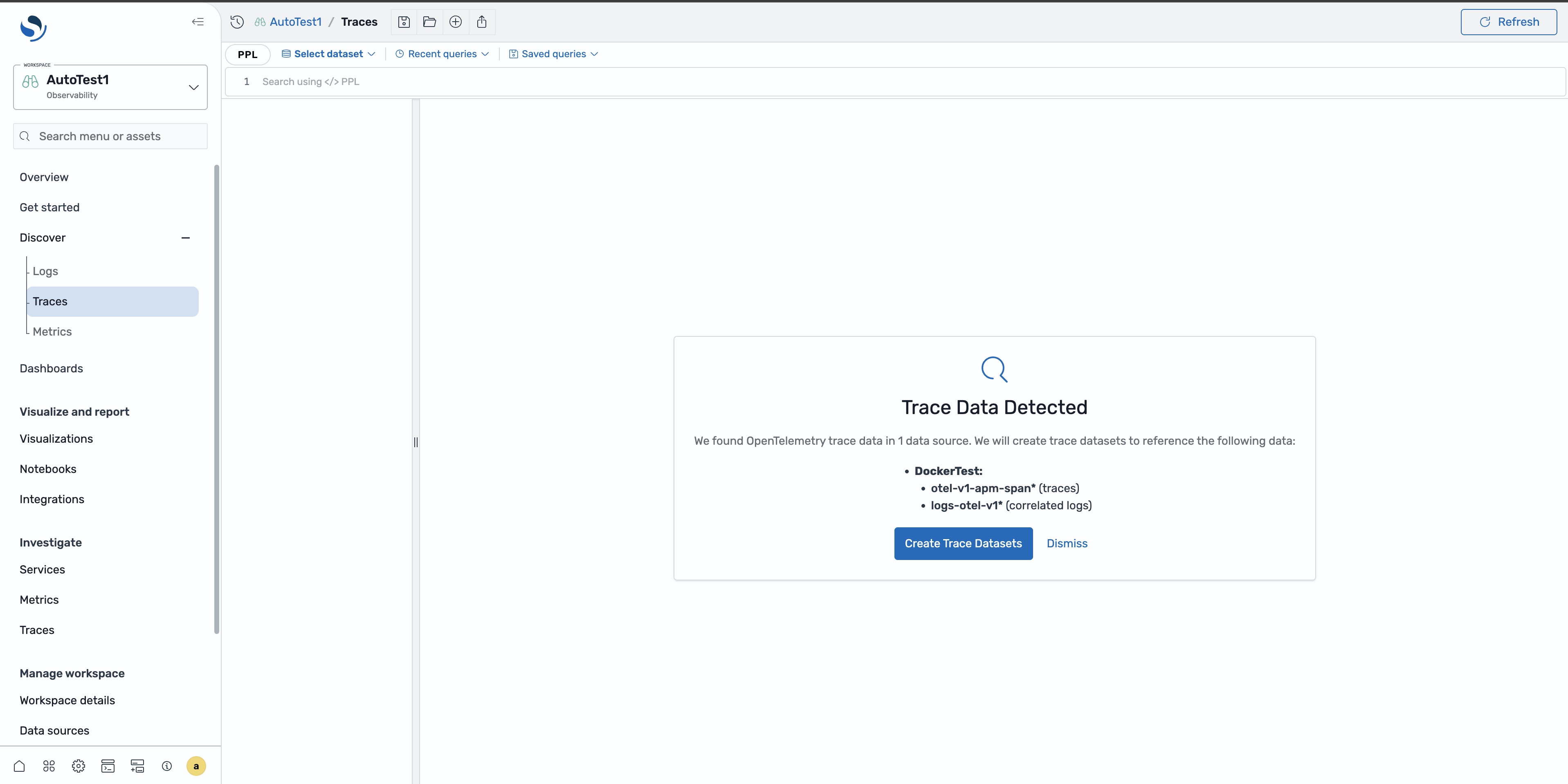 Dialog box prompting to create trace datasets for DockerTest with otel-v1-apm-span traces detected.