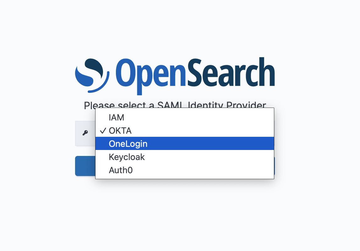 Dropdown menu showing SAML identity provider options including IAM , OKTA, OneLogin, Keycloak, and Auth0.