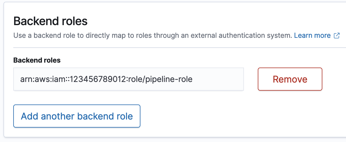 Backend roles section showing an AWS IAM role ARN for a pipeline role with a Remove option.