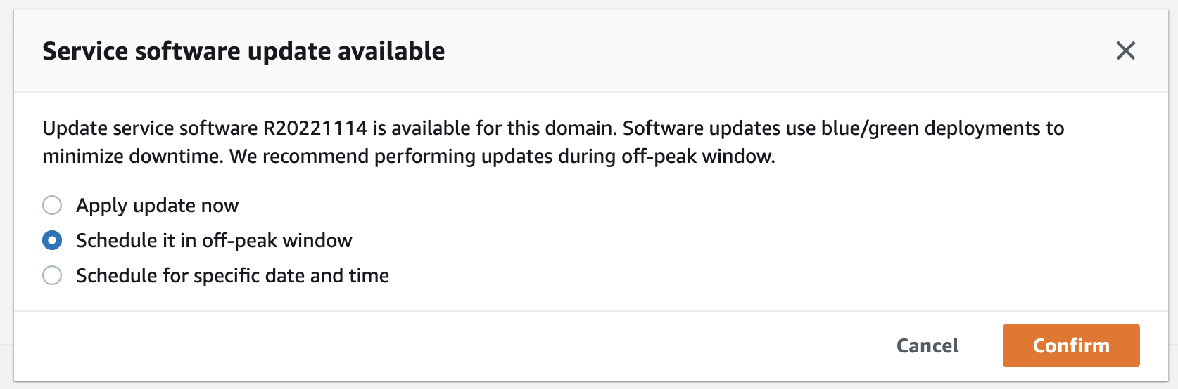Dialog box with three radio button options for scheduling a service software update.
