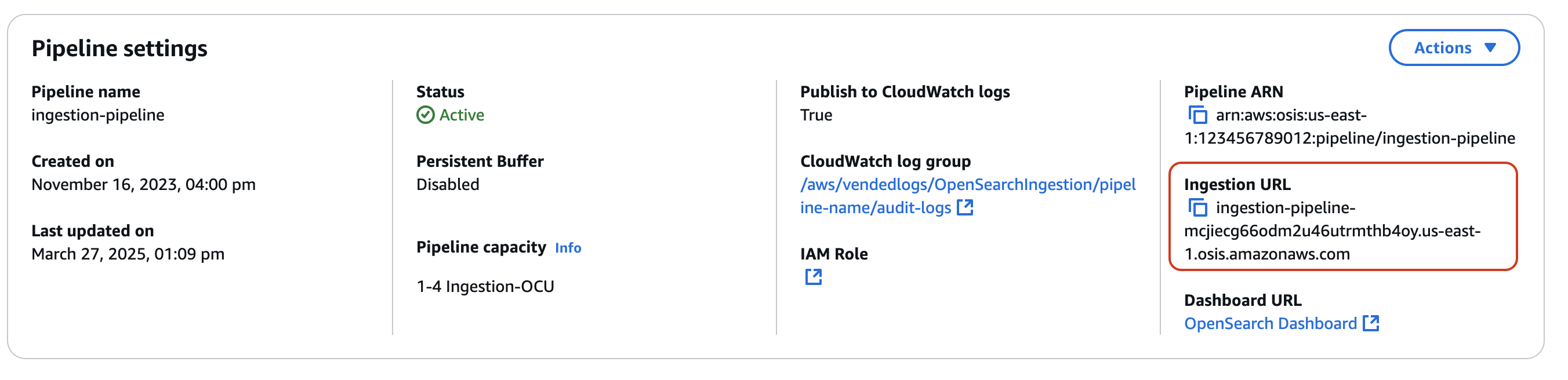 Pipeline settings page with Ingestion URL field highlighted showing the endpoint URL.