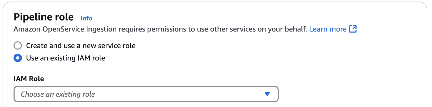 Pipeline role section with Use an existing IAM role selected and Choose an existing role dropdown.