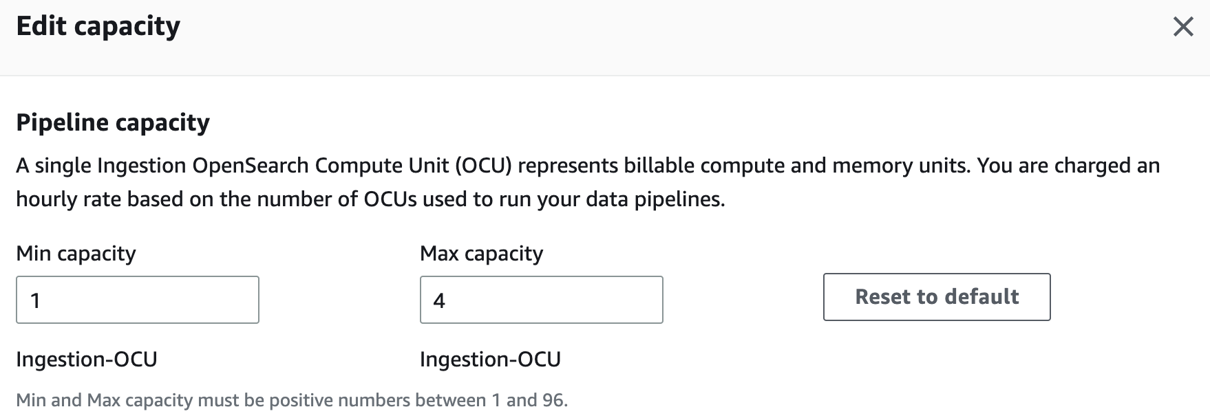 Edit capacity dialog showing Min capacity set to 1 and Max capacity set to 4 Ingestion-OCU.