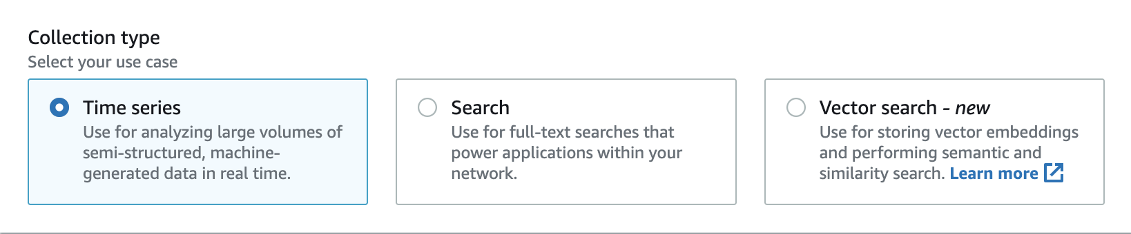 Collection type options: Time series, Search, and Vector search with their descriptions.