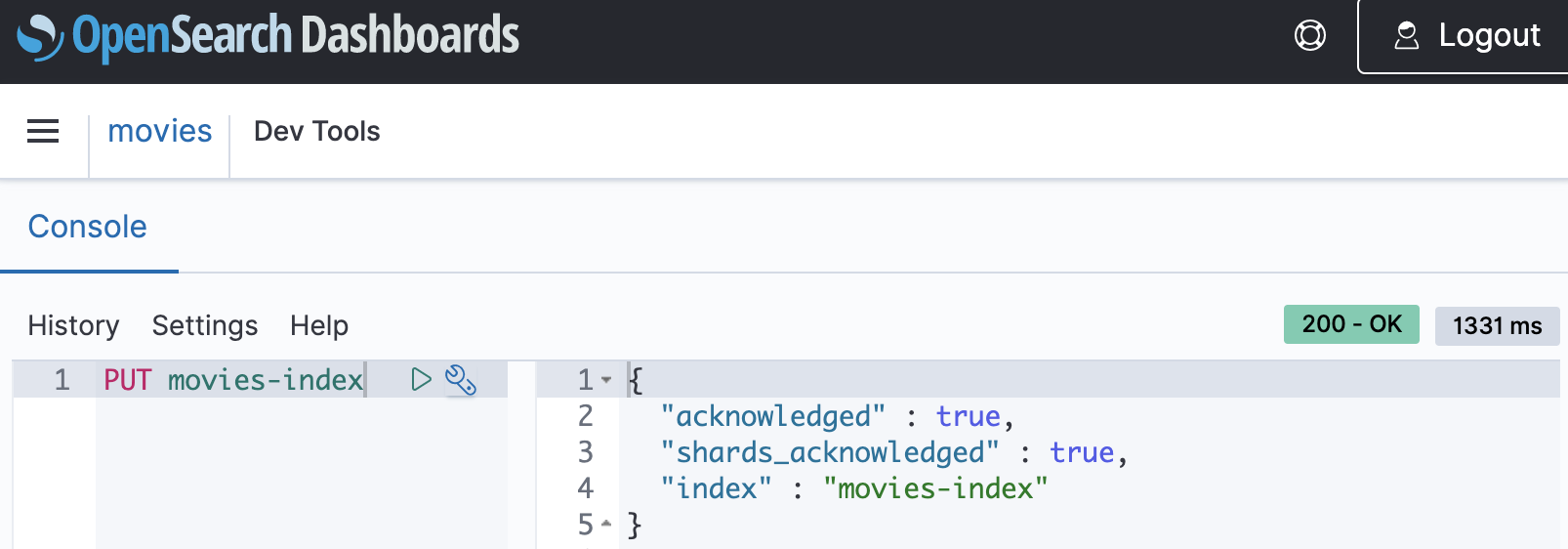 OpenSearch Dashboards console showing PUT request to movies-index with response status 200.