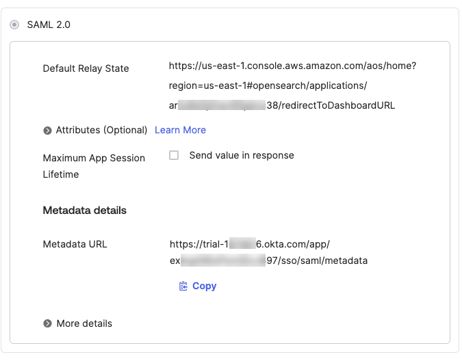 The "SAML 2.0" area reports the default relay state URL and metadata URL for an application.