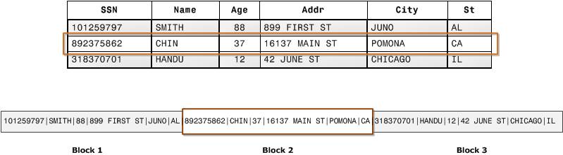 Records from a database table stored in disk blocks by row.