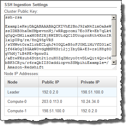Screenshot from the SSH Ingestion Settings group showing the Cluster Public Key and Node IP addresses.