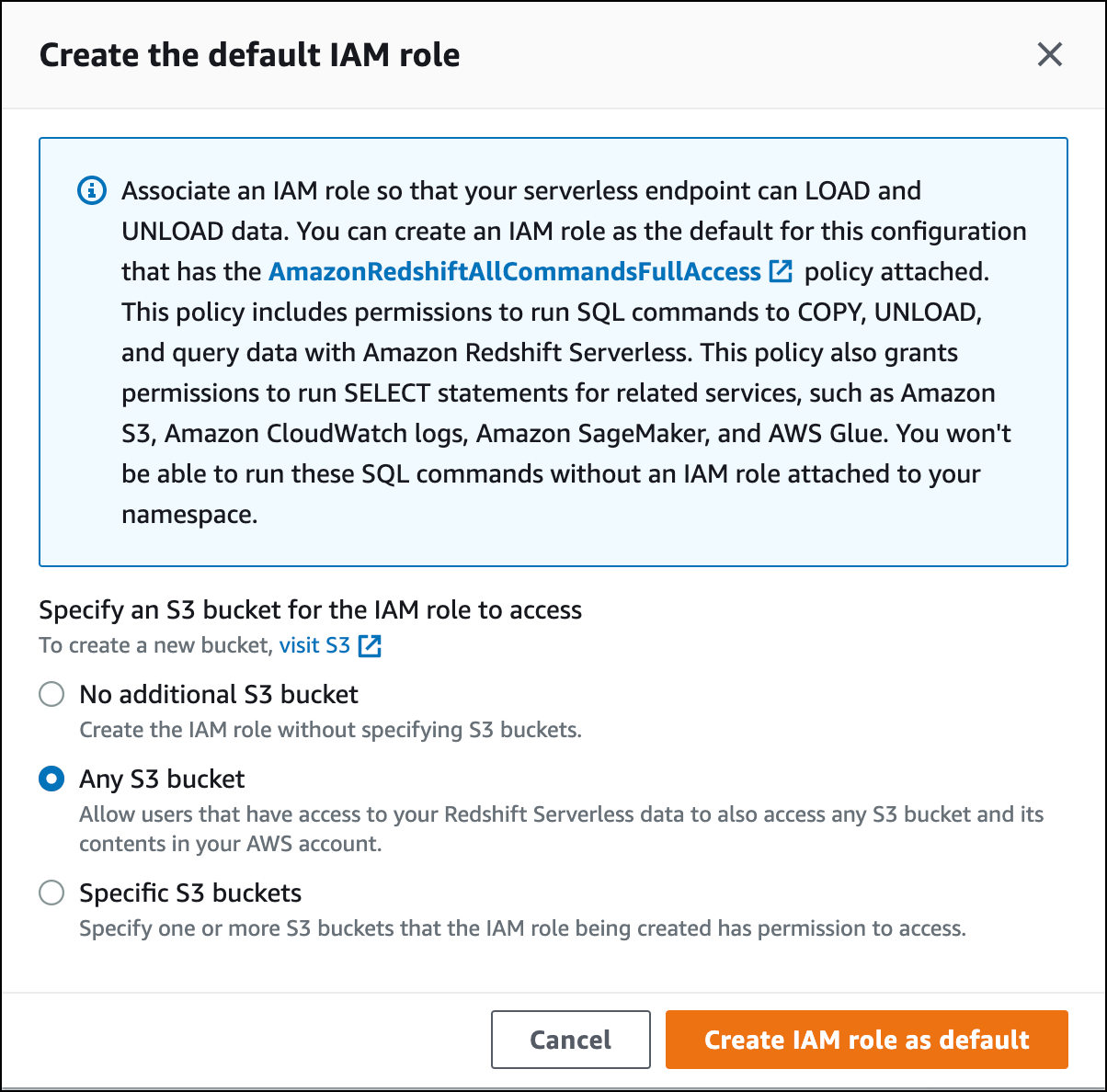 Create an IAM role to use as your default role.