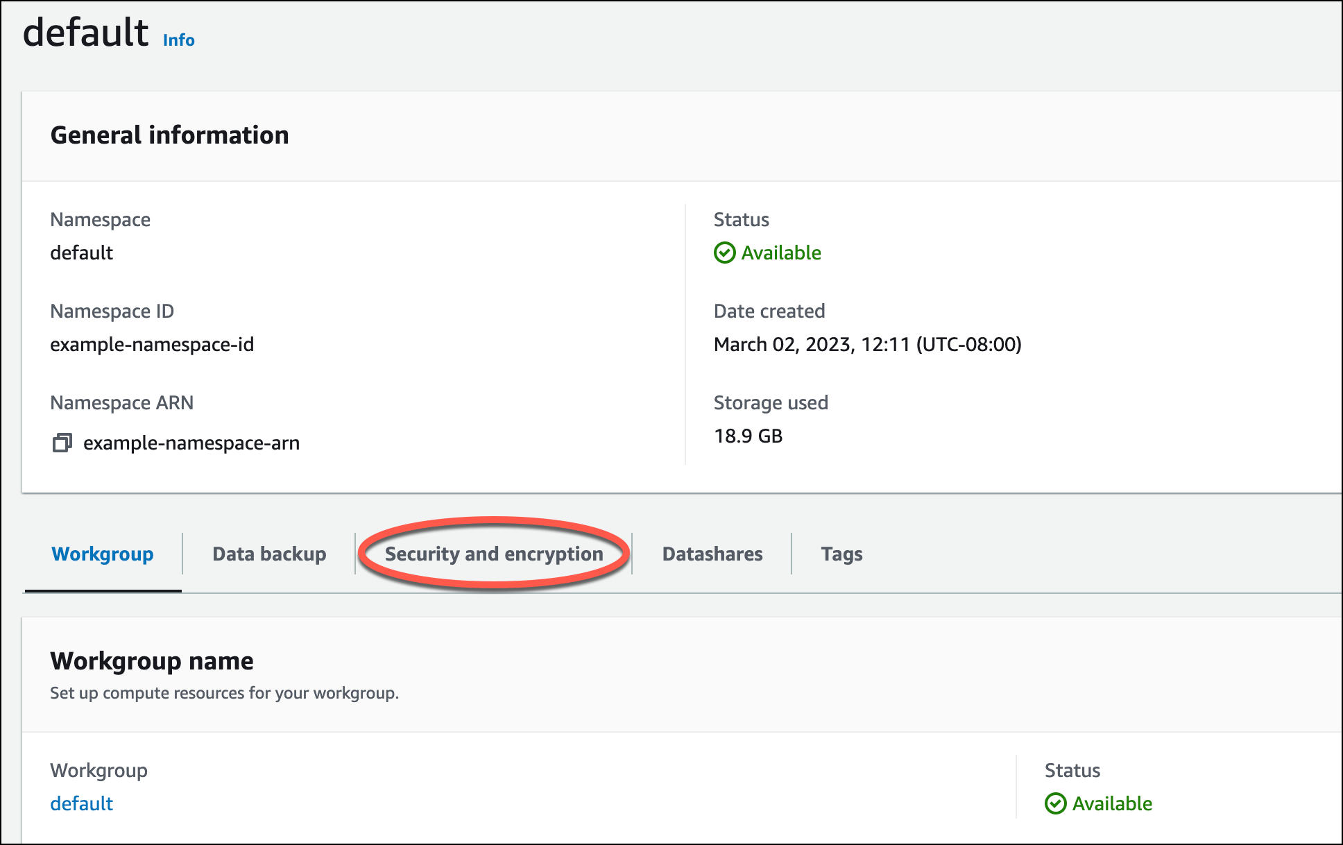 From the namespace configuration page, choose Security and encryption, then choose Manage IAM roles.