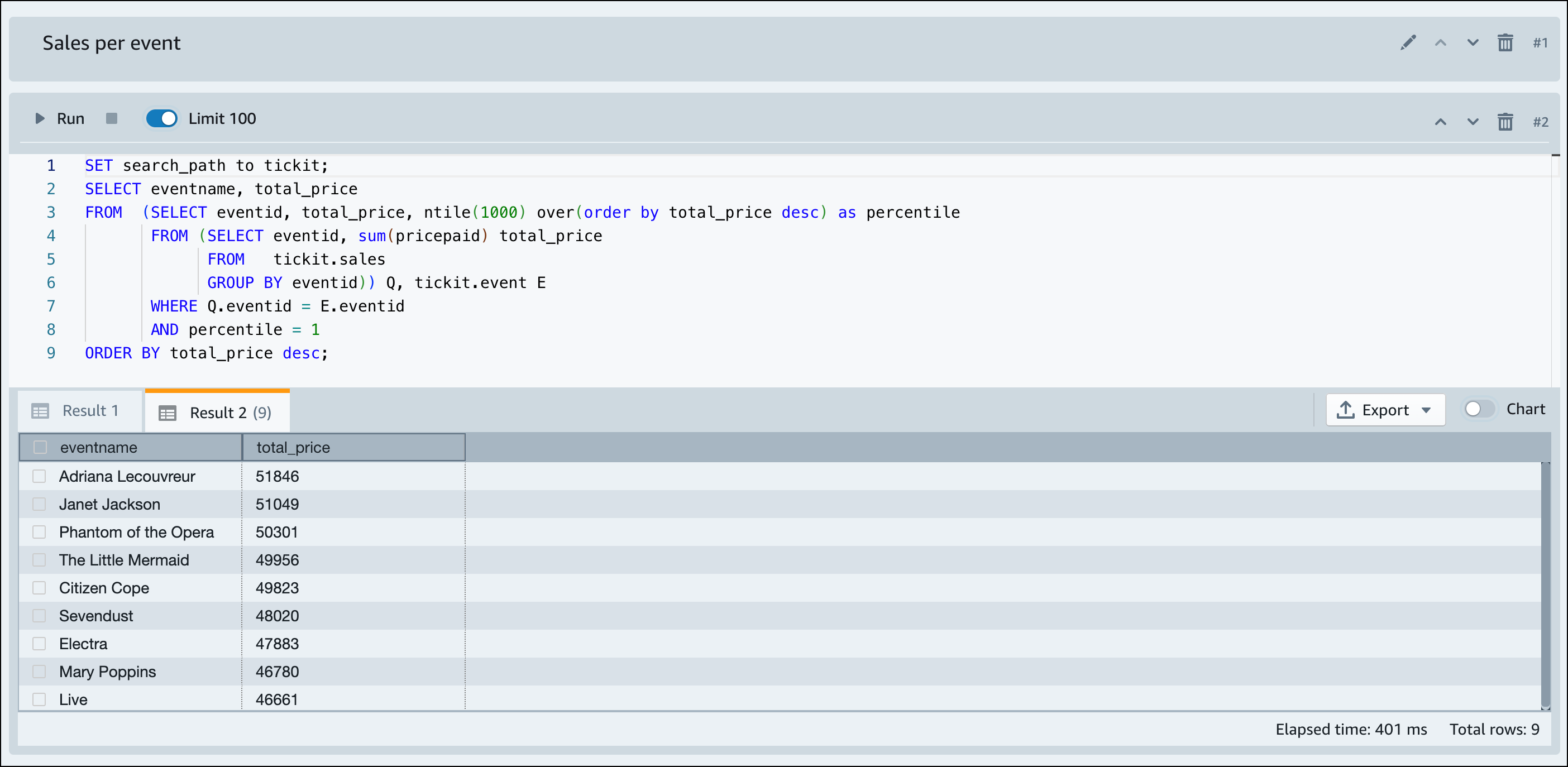 Choose the Run all button to run all of the sample queries.