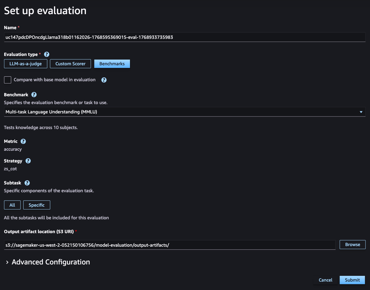 A minimal configuration for benchmarking through SageMaker Studio.