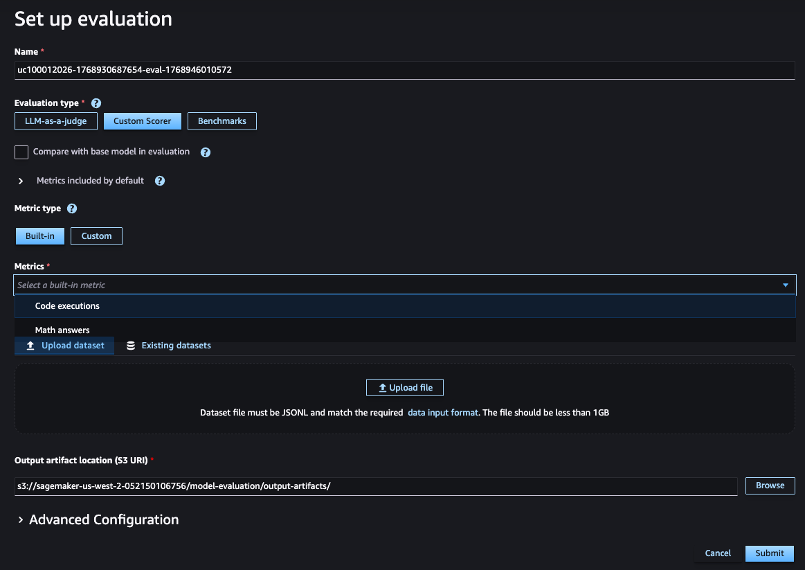 Select from Code executions or Math answers for Built-In custom scoring.
