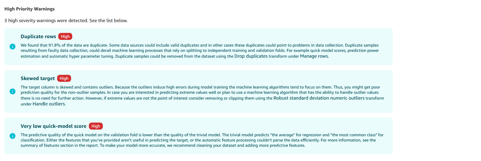 Duplicate rows, Skewed target, and Very low quick model score are listed as the insights.