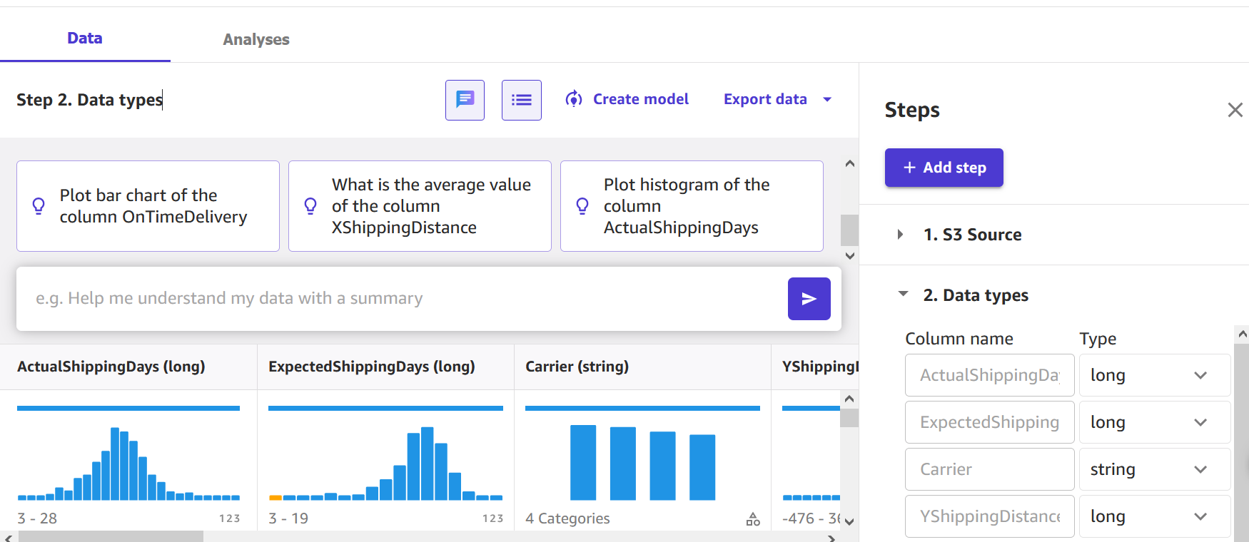 Chat for data prep is at the top of the screen.