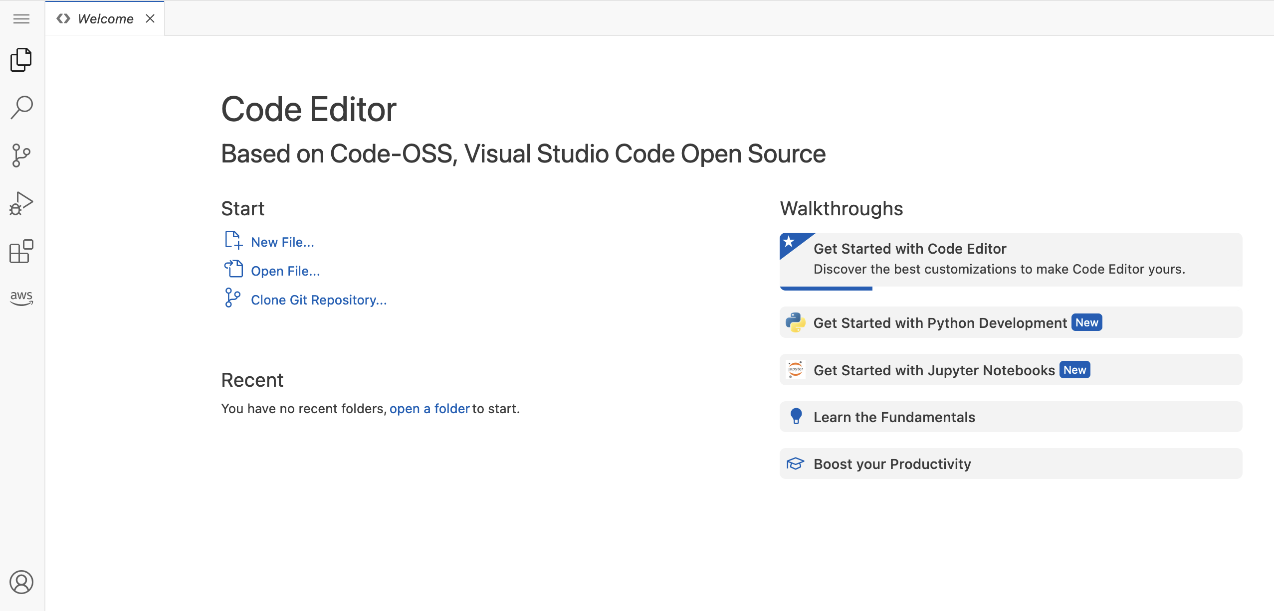 The welcome page of the Code Editor application UI.