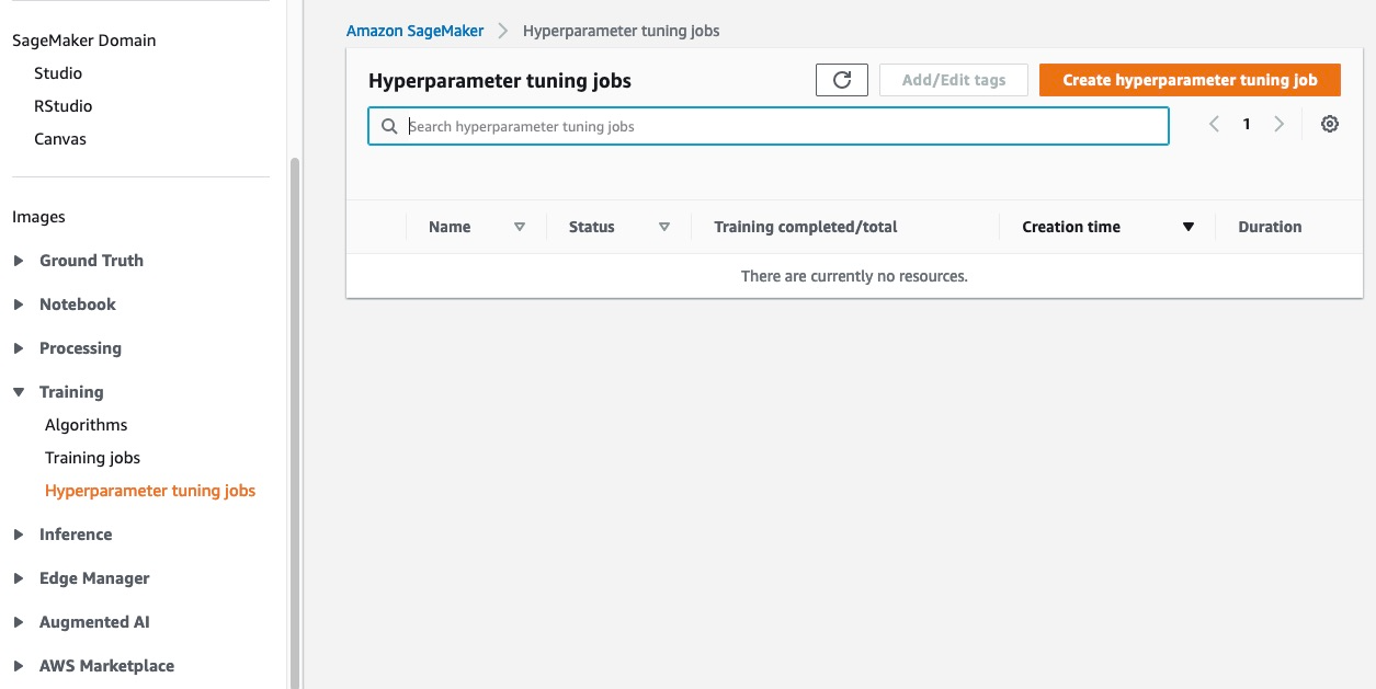 Hyperparameter tuning job console.