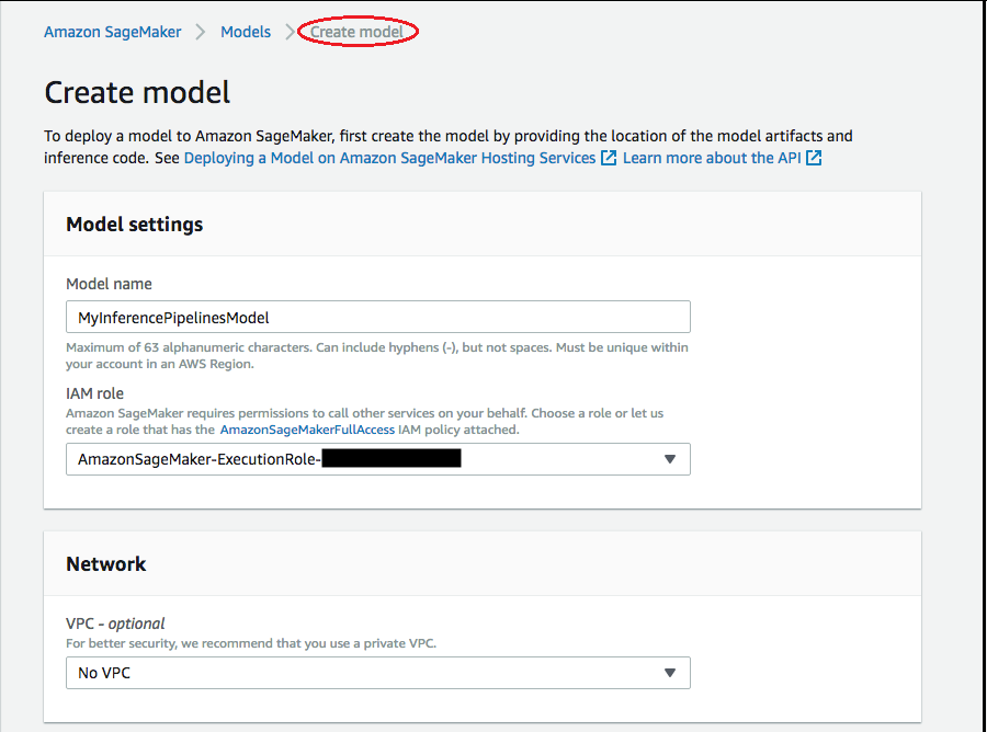 The page for creating a model for an Inference Pipeline.