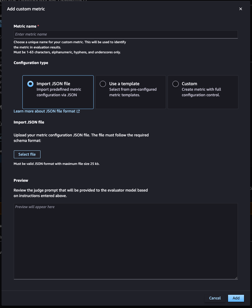Upload the custom metric via Custom metrics > Add custom metrics.