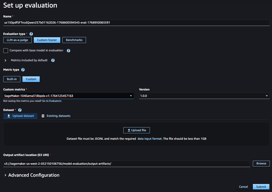 Submit the Custom Scorer evaluation job referencing the registered preset reward function in Custom Scorer > Custom metrics.